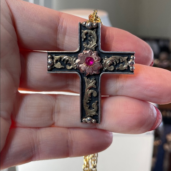 Jewelry - Vintage-Inspired Gold and Silver Cross Brooch with a Real Ruby Center